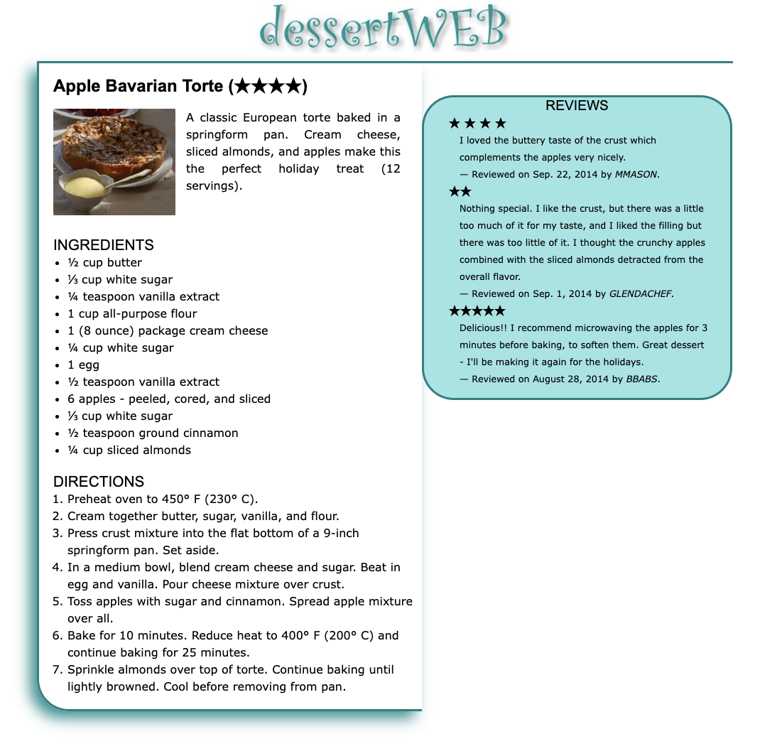 Website for Apple Bavarian Torte dessert